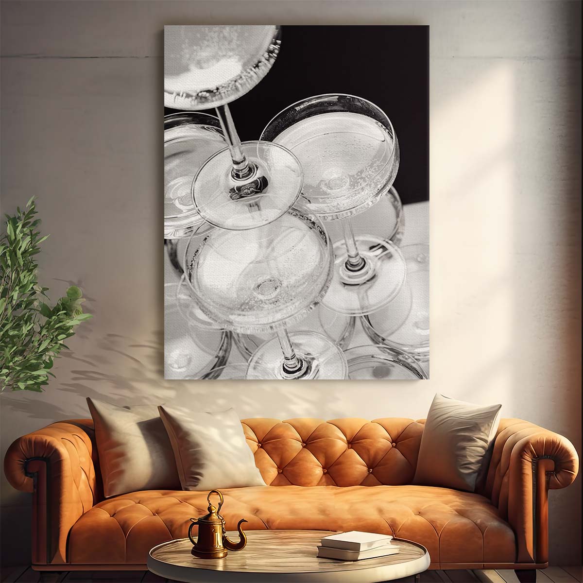 Vintage Black and White Champagne Tower Photography Artwork by Luxuriance Designs, made in USA