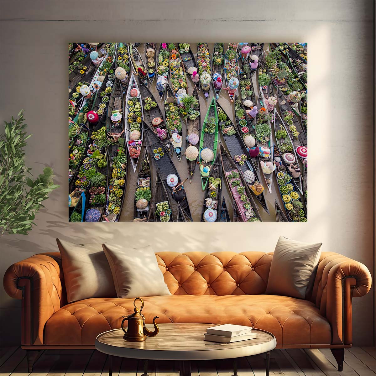 Vibrant Asian Floating Market Aerial View Wall Art by Luxuriance Designs. Made in USA.