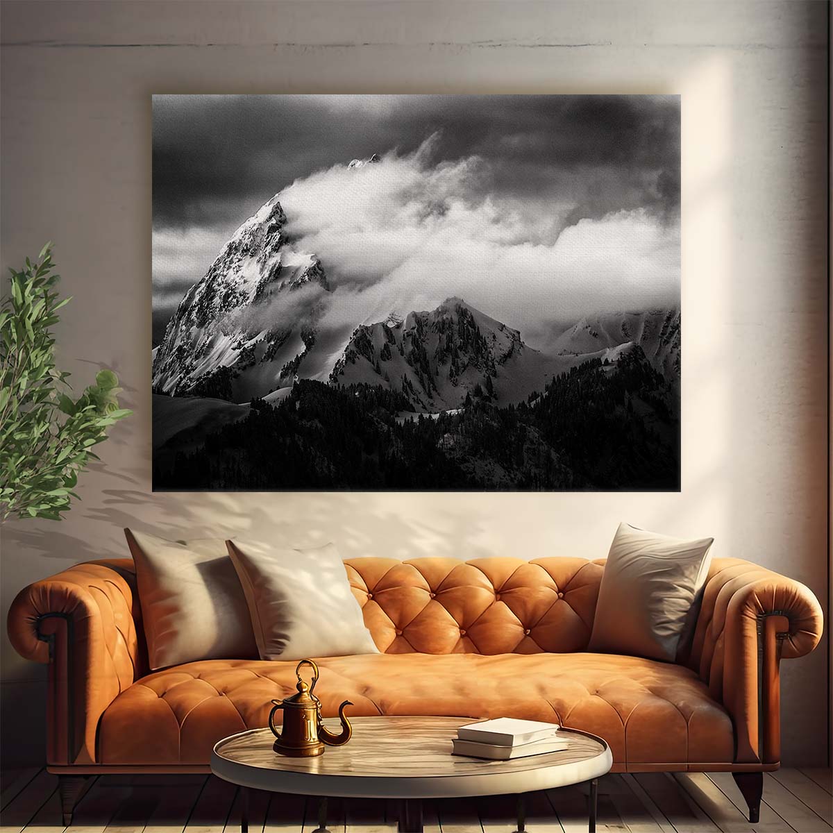 Monochrome Mountain Summit Cloudy Sky Landscape Photography Wall Art