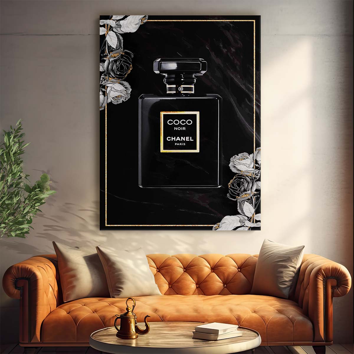 Coco Chanel Noir Perfume Dark Rose Wall Art by Luxuriance Designs. Made in USA.