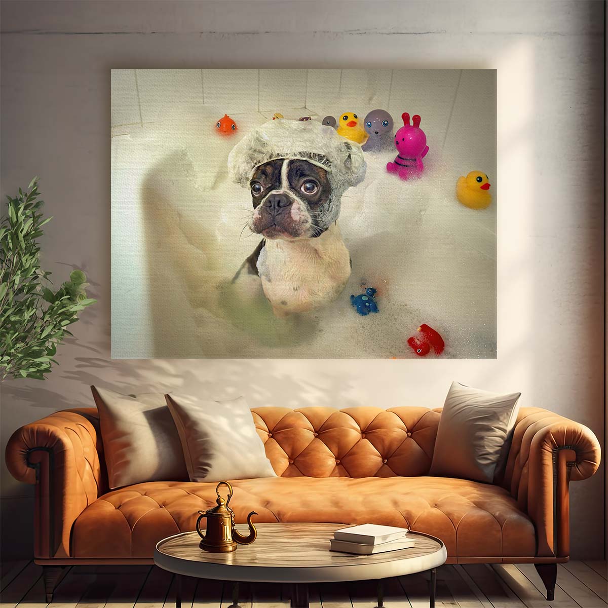 Adorable Dog Enjoying Bath Time with Rubber Ducks Wall Art by Luxuriance Designs. Made in USA.