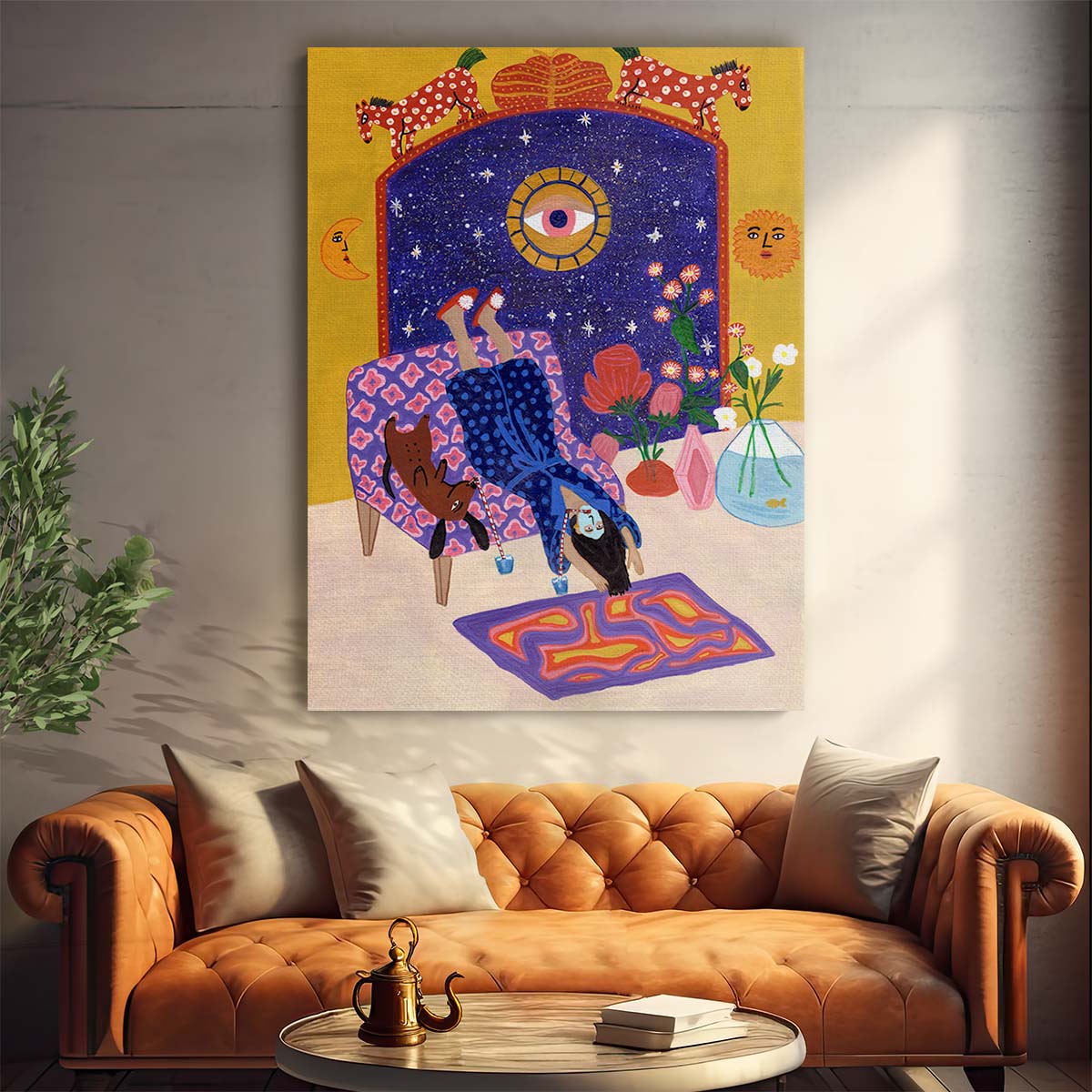 Colorful Relaxing Woman & Pets Illustration Wall Art by Luxuriance Designs, made in USA