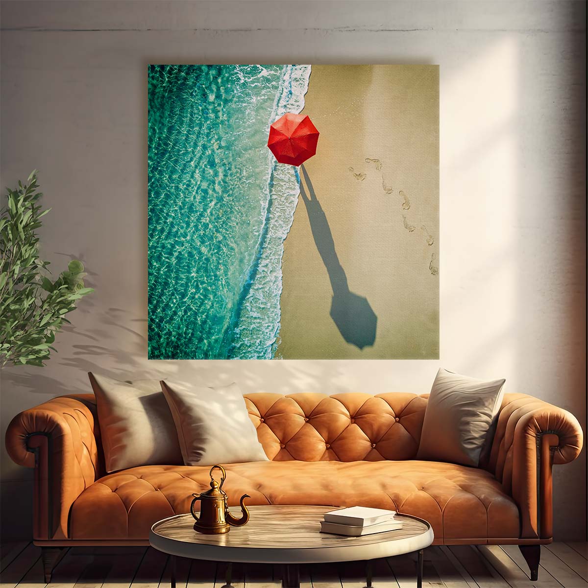 Paradise Coastal Seascape Photography Featuring Red Umbrella Wall Art by Luxuriance Designs. Made in USA.