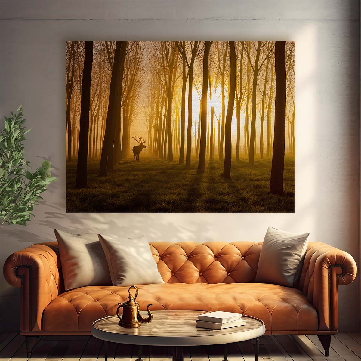 Majestic Deer at Sunrise Foggy Forest Landscape Photography Wall Art