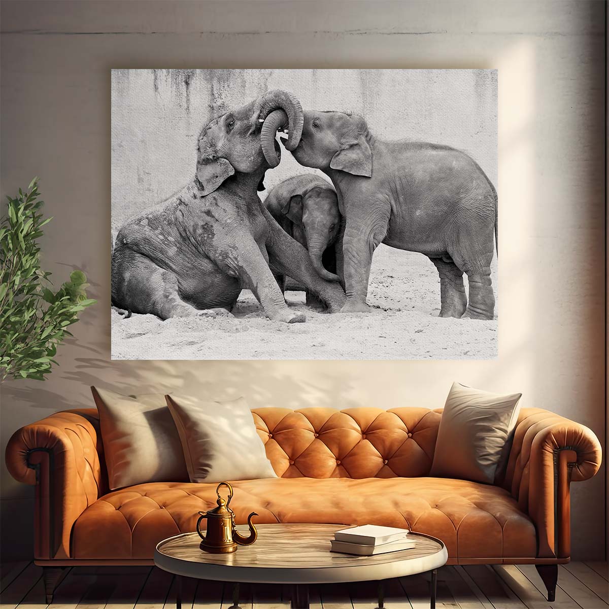 Monochrome Elephant Family Embrace & Play Wall Art by Luxuriance Designs. Made in USA.