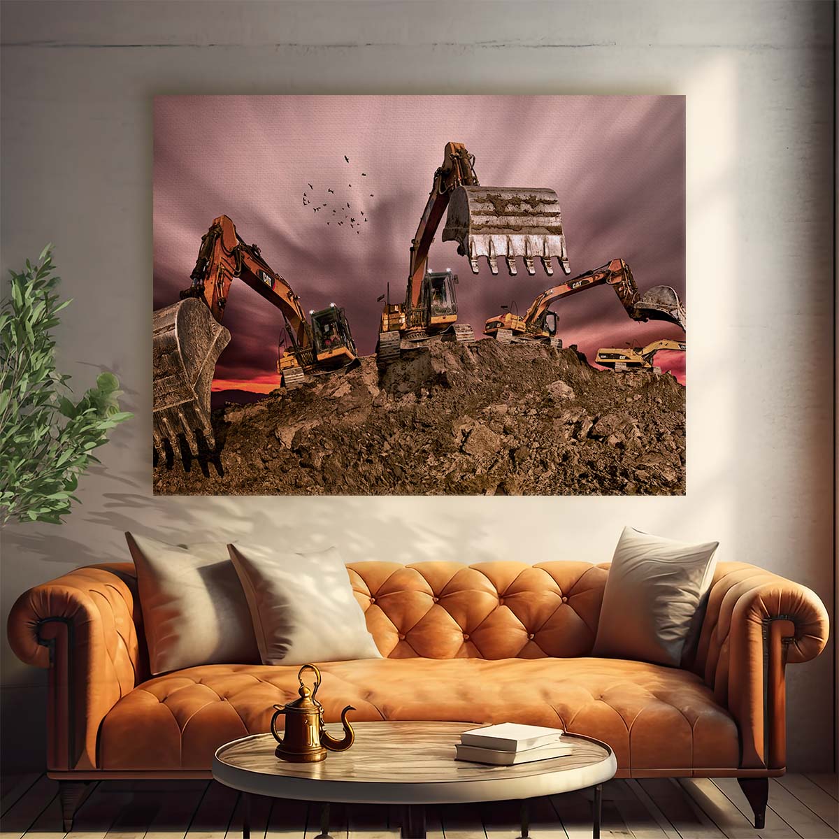 Dramatic Excavator Digging at Dusk Construction Wall Art by Luxuriance Designs. Made in USA.