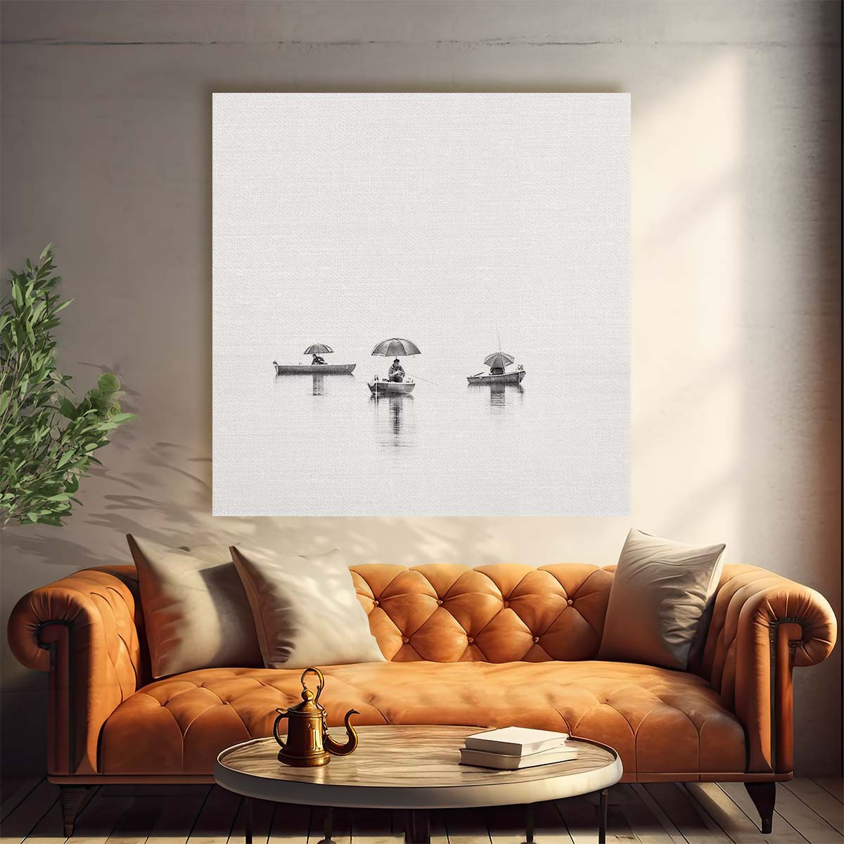 Serene Monochrome Lake Scene with Fishing Reflections & Rowboats Wall Art by Luxuriance Designs. Made in USA.