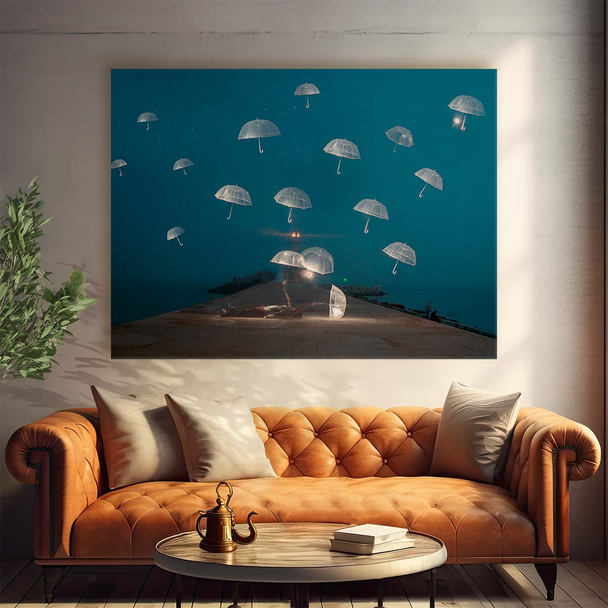 Surreal Floating Umbrellas Dreamy Night Landscape Wall Art by Luxuriance Designs. Made in USA.