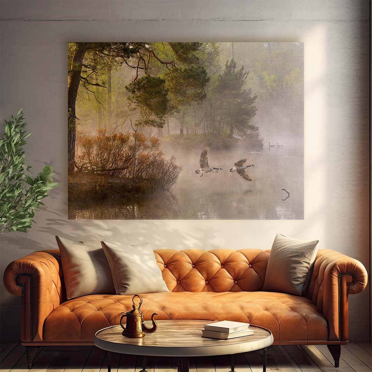 Misty Autumn Flight Geese Over Dutch Lake Wall Art by Luxuriance Designs. Made in USA.