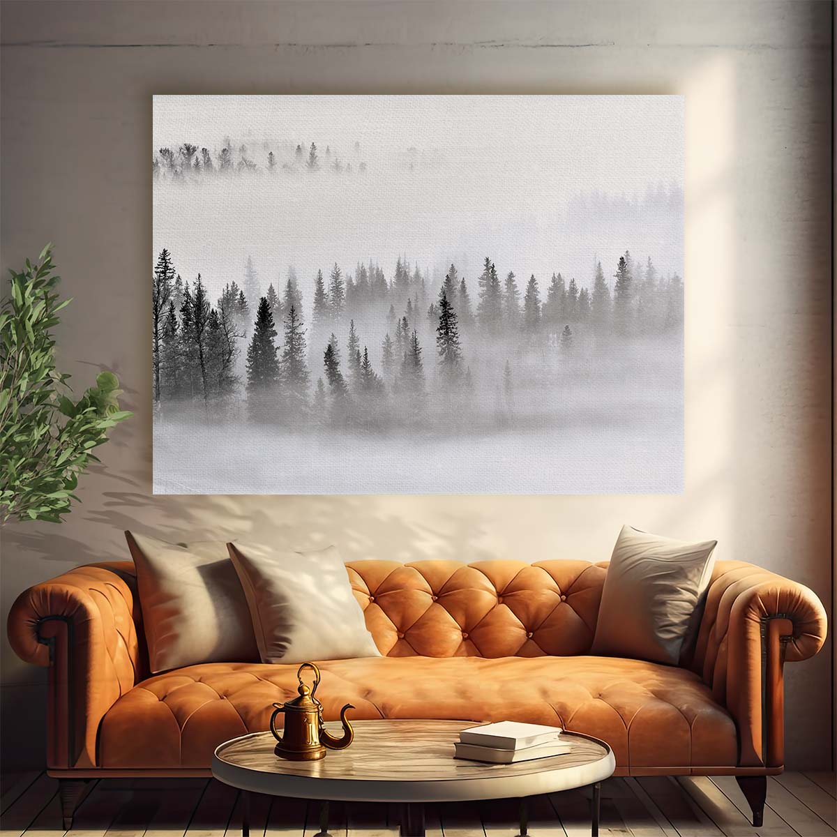 Dreamy Foggy Pine Forest Panorama in Monochrome Wall Art