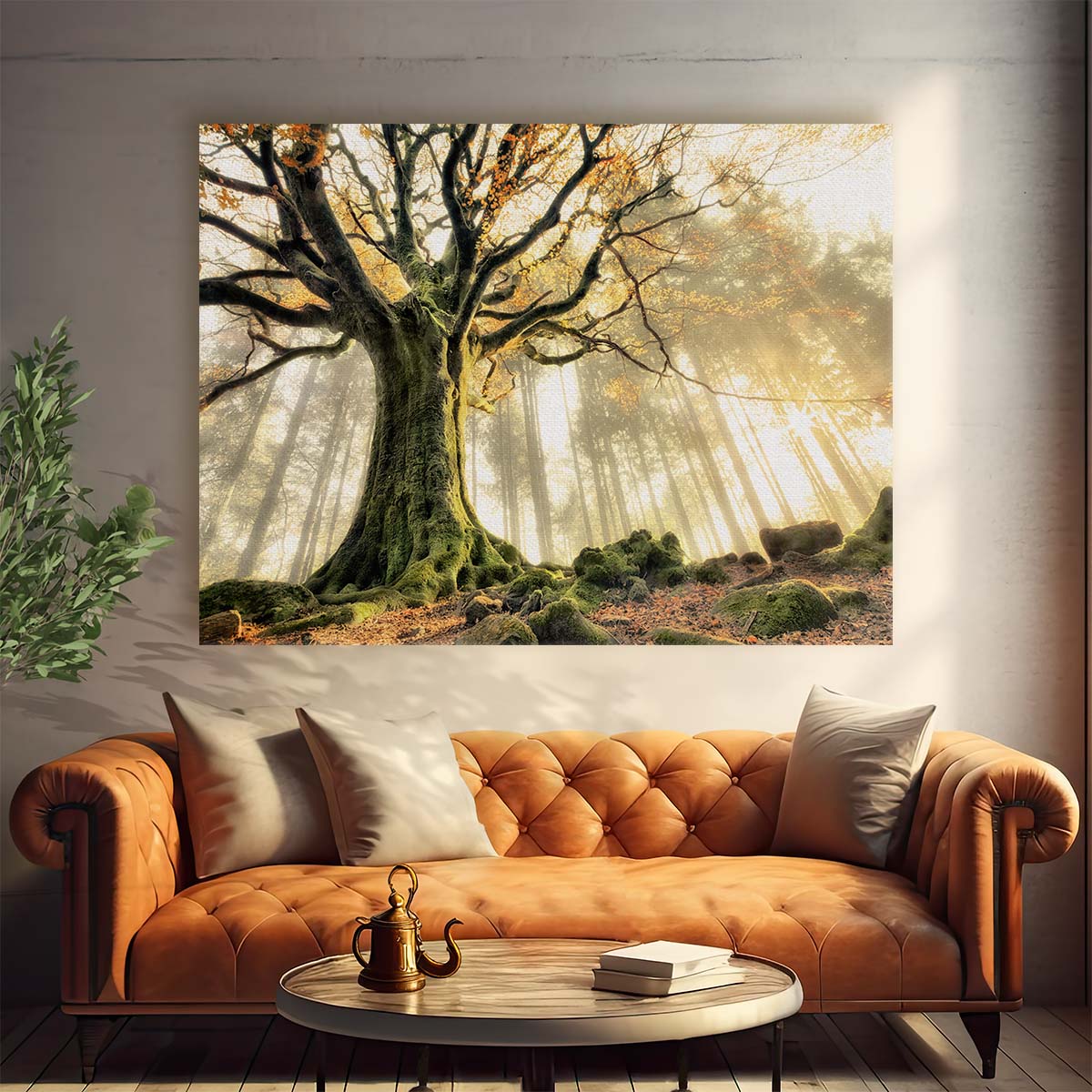 Golden Autumn Sunrise Forest Fantasy Wall Art by Luxuriance Designs. Made in USA.