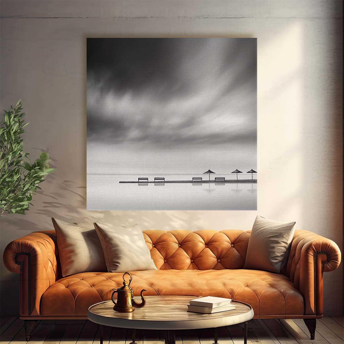 Monochrome Serene Beach Landscape with Benches & Umbrellas Wall Art by Luxuriance Designs. Made in USA.