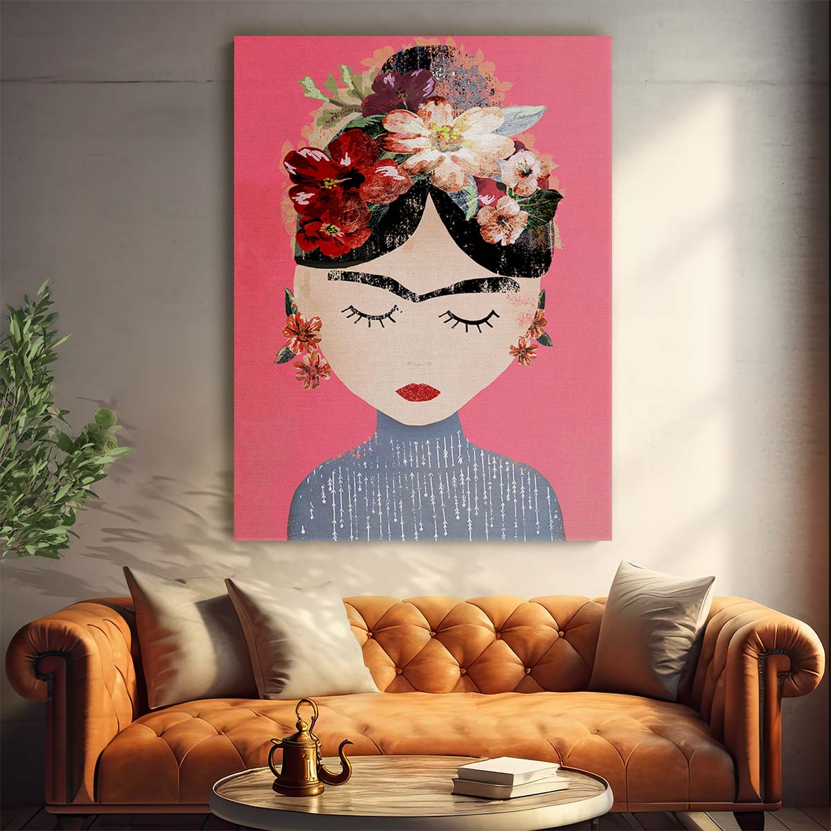 Frida Kahlo Floral Portrait Illustration with Vibrant Pink Background by Luxuriance Designs, made in USA