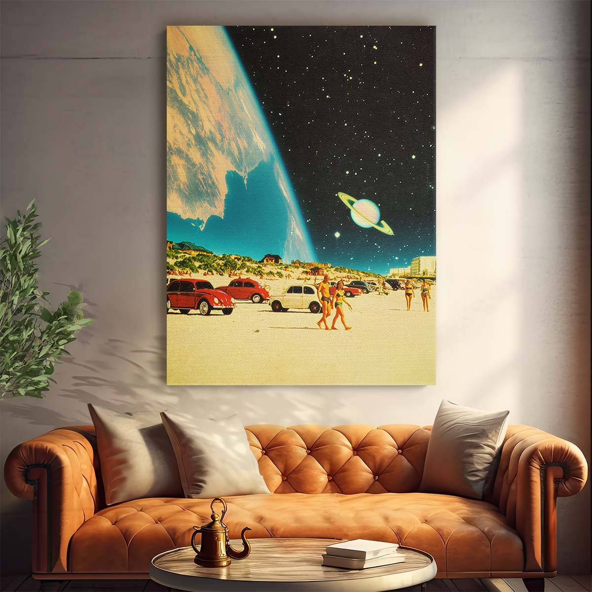 Contemporary Surreal Galaxy Beach Collage Art, Retro Futuristic Space Illustration by Luxuriance Designs, made in USA