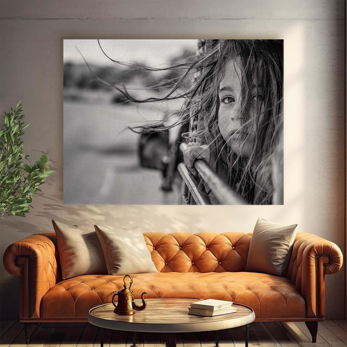 WindSwept Girl Portrait in Monochrome Wall Art by Luxuriance Designs. Made in USA.