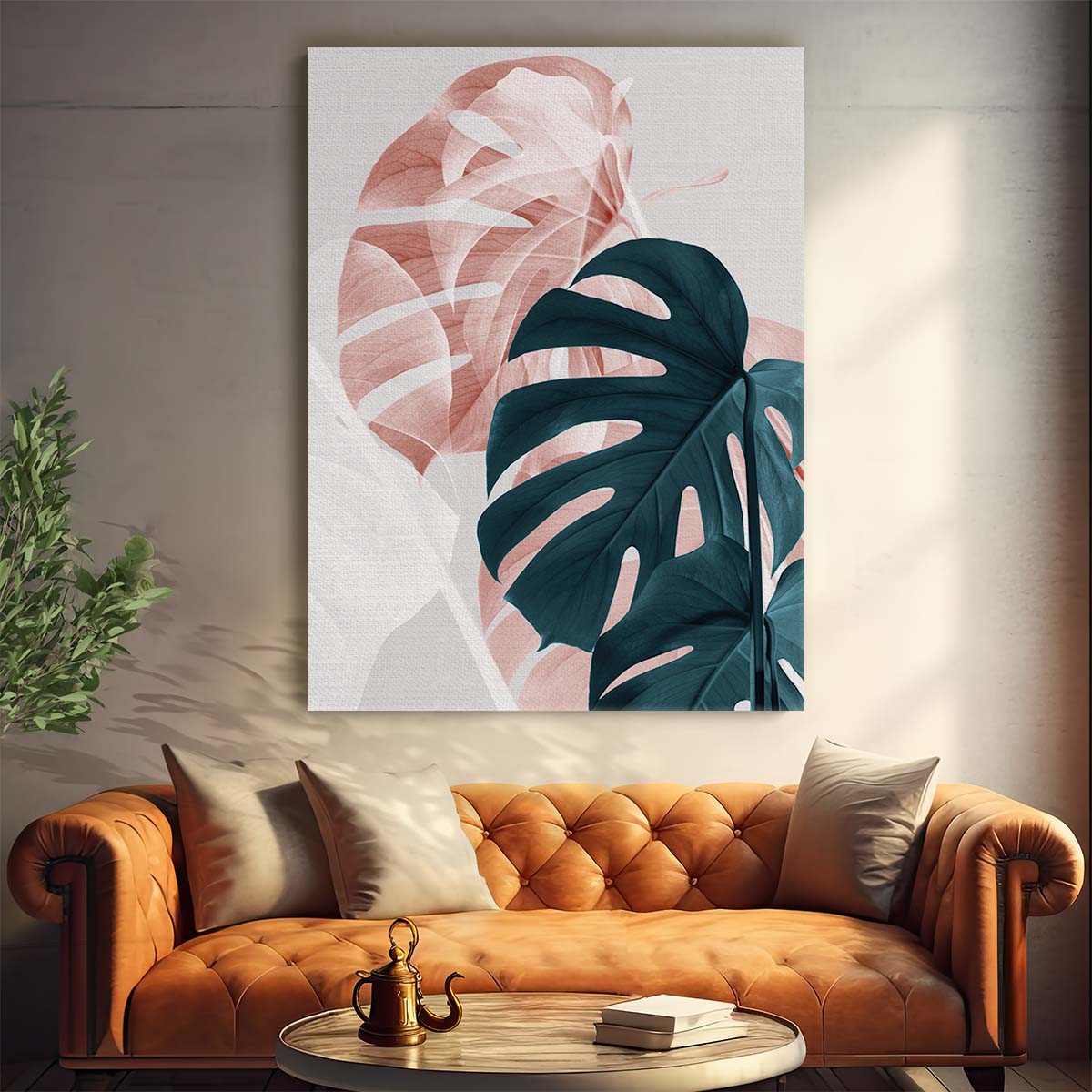 Botanical Monstera Leaf Double Exposure Photography Art in Pink by Luxuriance Designs, made in USA