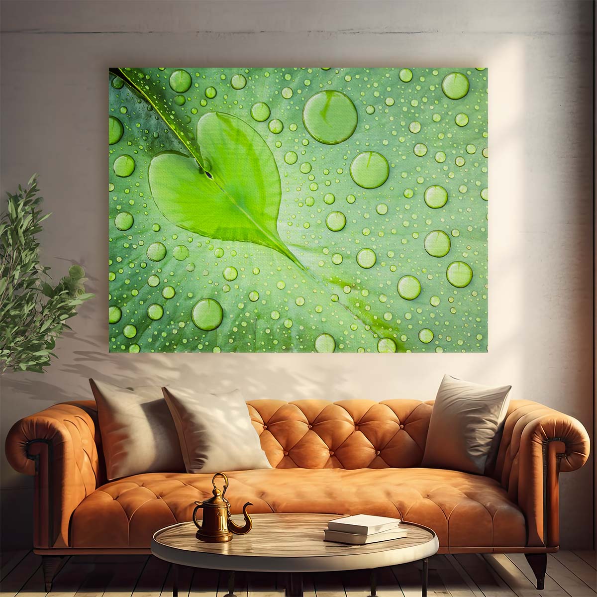 Romantic Green Leaf Heart & Water Droplets Wall Art by Luxuriance Designs. Made in USA.