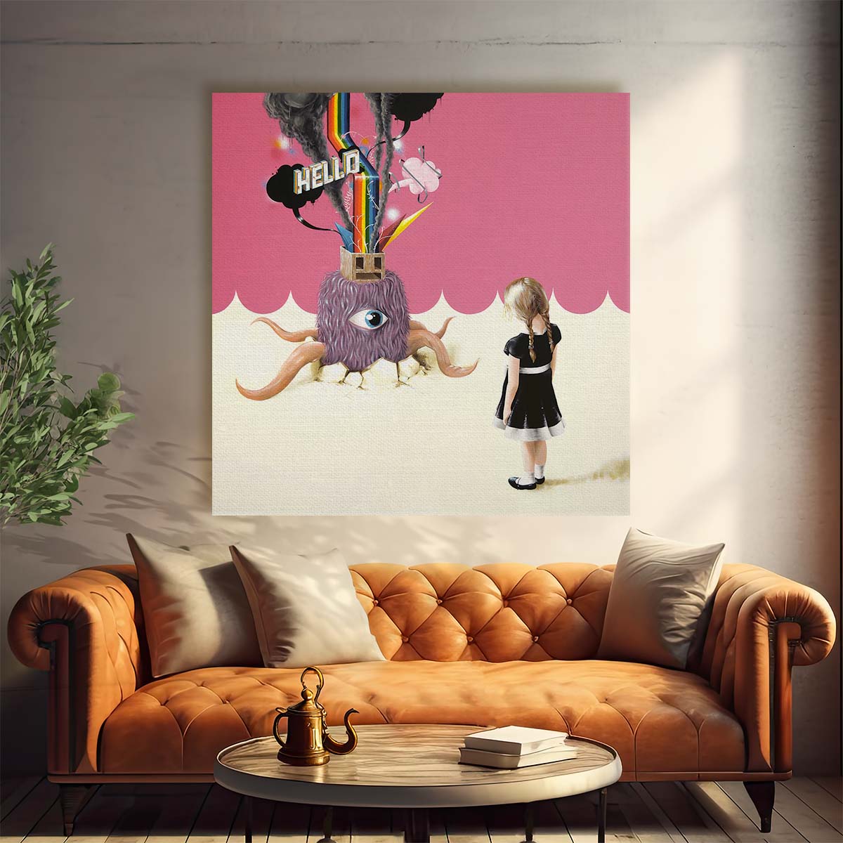 Surreal Colorful Illustration of Little Girl & Monster Wall Art by Luxuriance Designs. Made in USA.