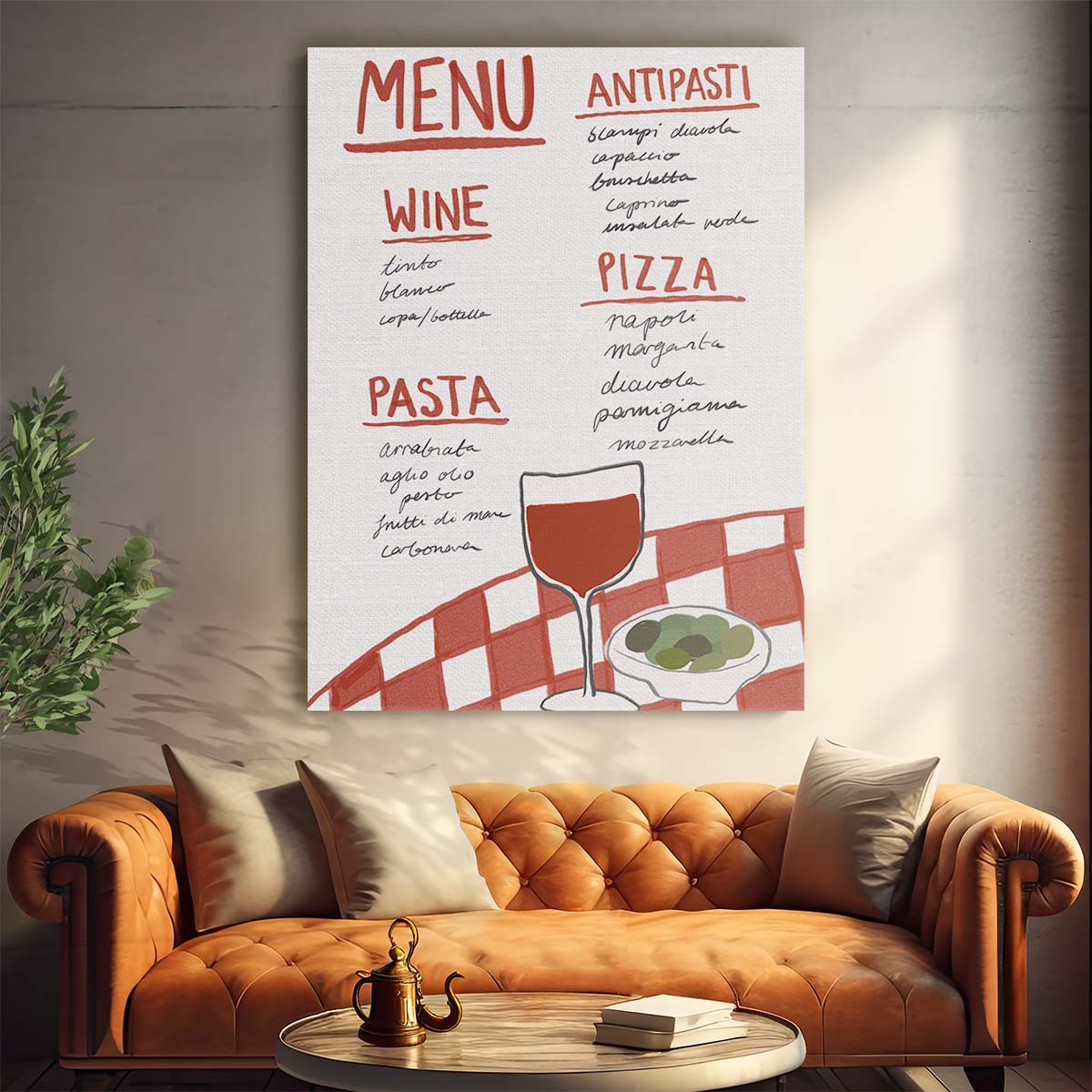 Bright Italian Restaurant Menu Illustration with Wine & Pizza by Luxuriance Designs, made in USA