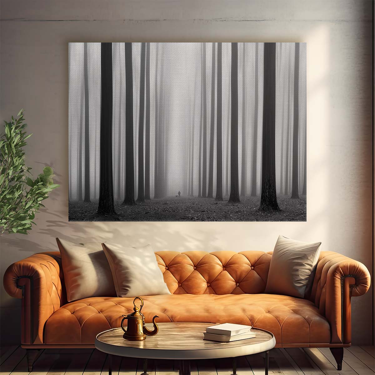 Misty Forest Walk with Dog in Monochrome Wall Art by Luxuriance Designs. Made in USA.