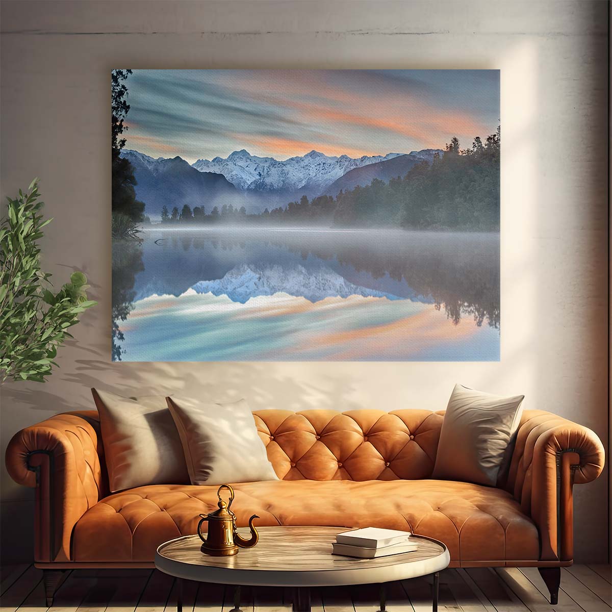 Serene Lake Matheson Reflection Sunrise Wall Art by Luxuriance Designs. Made in USA.