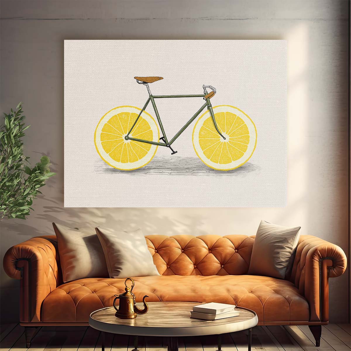 Colorful Lemon Bicycle Illustration Citrus Cycle Art Wall Art