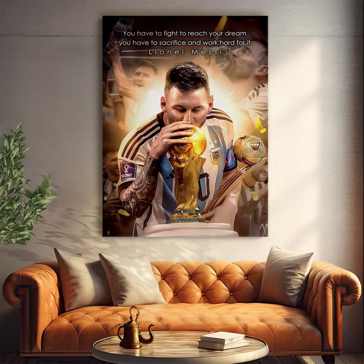 Leo Messi Kissing World Cup Trophy Wall Art by Luxuriance Designs. Made in USA.