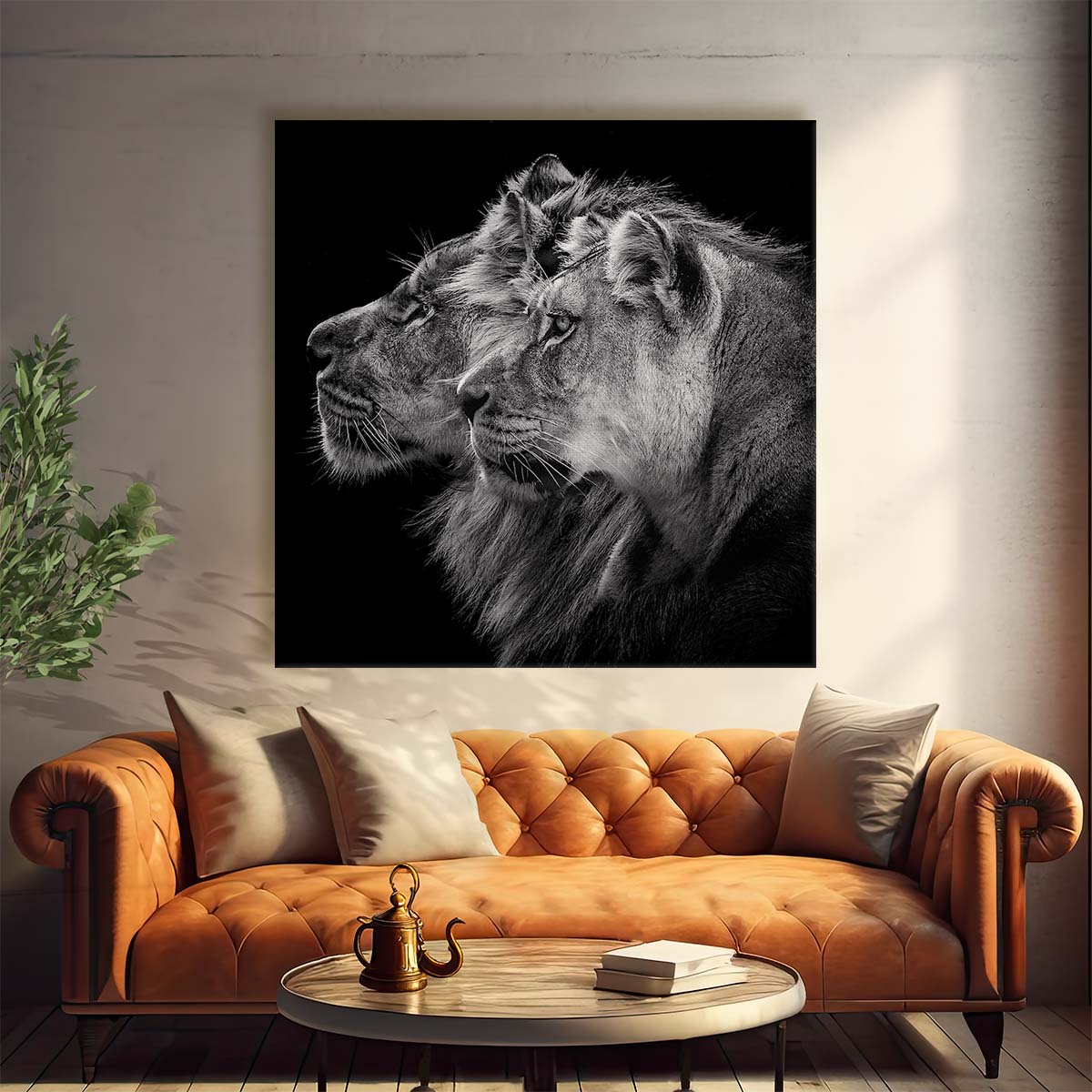 Fierce Love in the Savanna Monochrome Lion Couple Photography Wall Art by Luxuriance Designs. Made in USA.