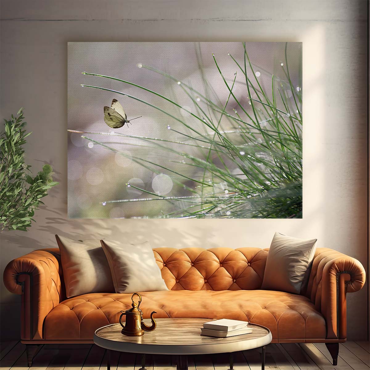 Macro Butterfly Landing Pastel Droplets Wall Art by Luxuriance Designs. Made in USA.