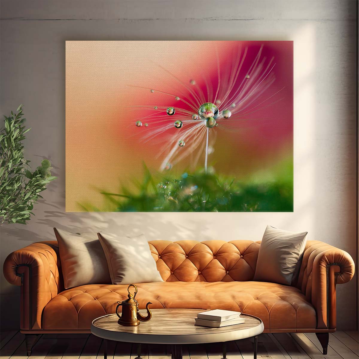 Red Macro Dandelion Seed Droplets Bokeh Wall Art by Luxuriance Designs. Made in USA.