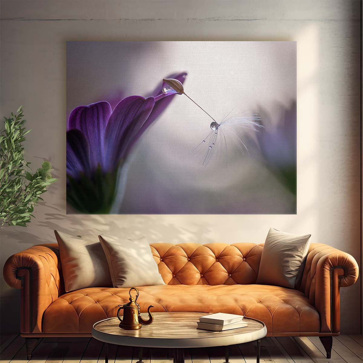 Delicate Purple Dandelion Dewdrops Macro Wall Art by Luxuriance Designs. Made in USA.
