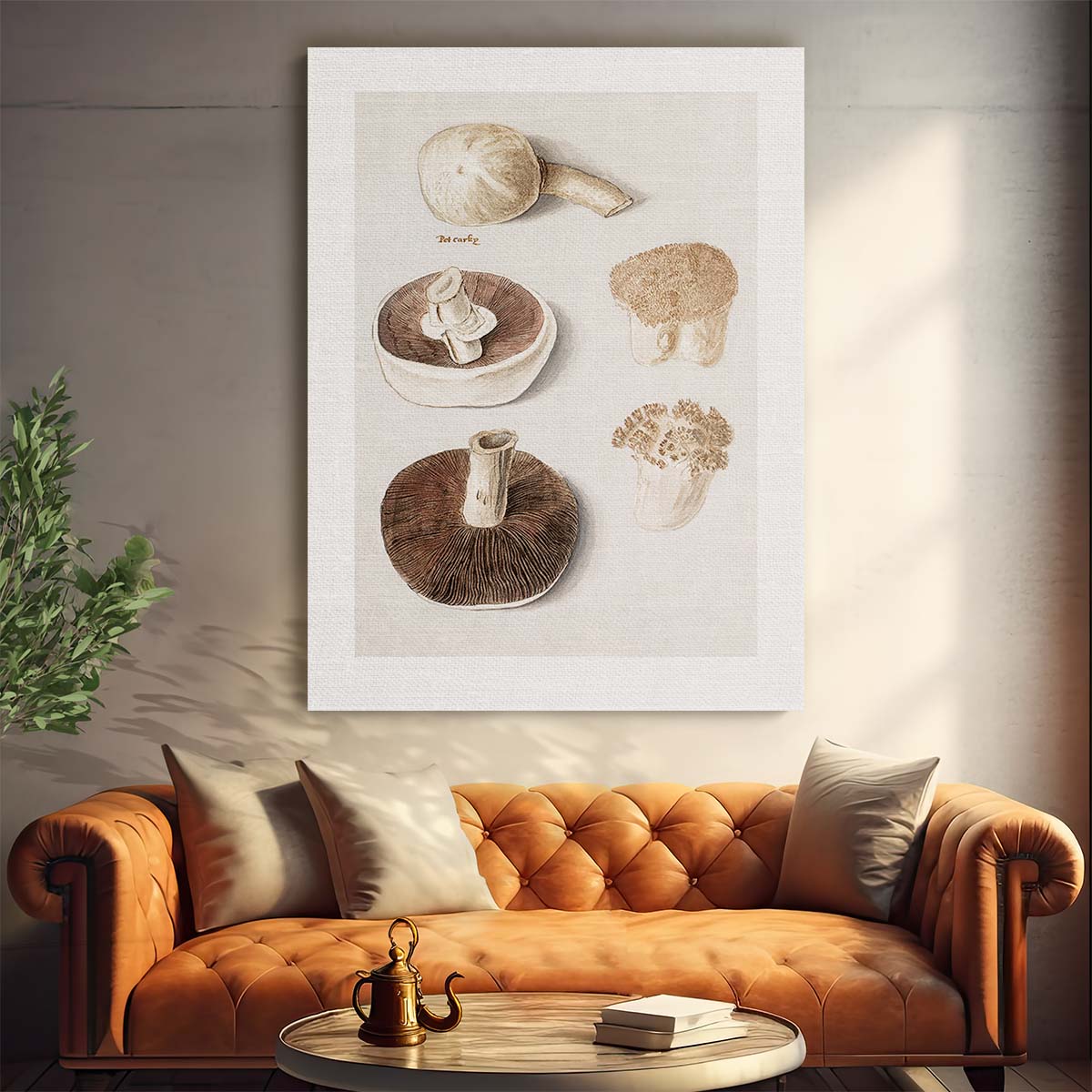 Vintage Botanical Meadow Mushroom Illustration with Gray and Beige Tones by Luxuriance Designs, made in USA