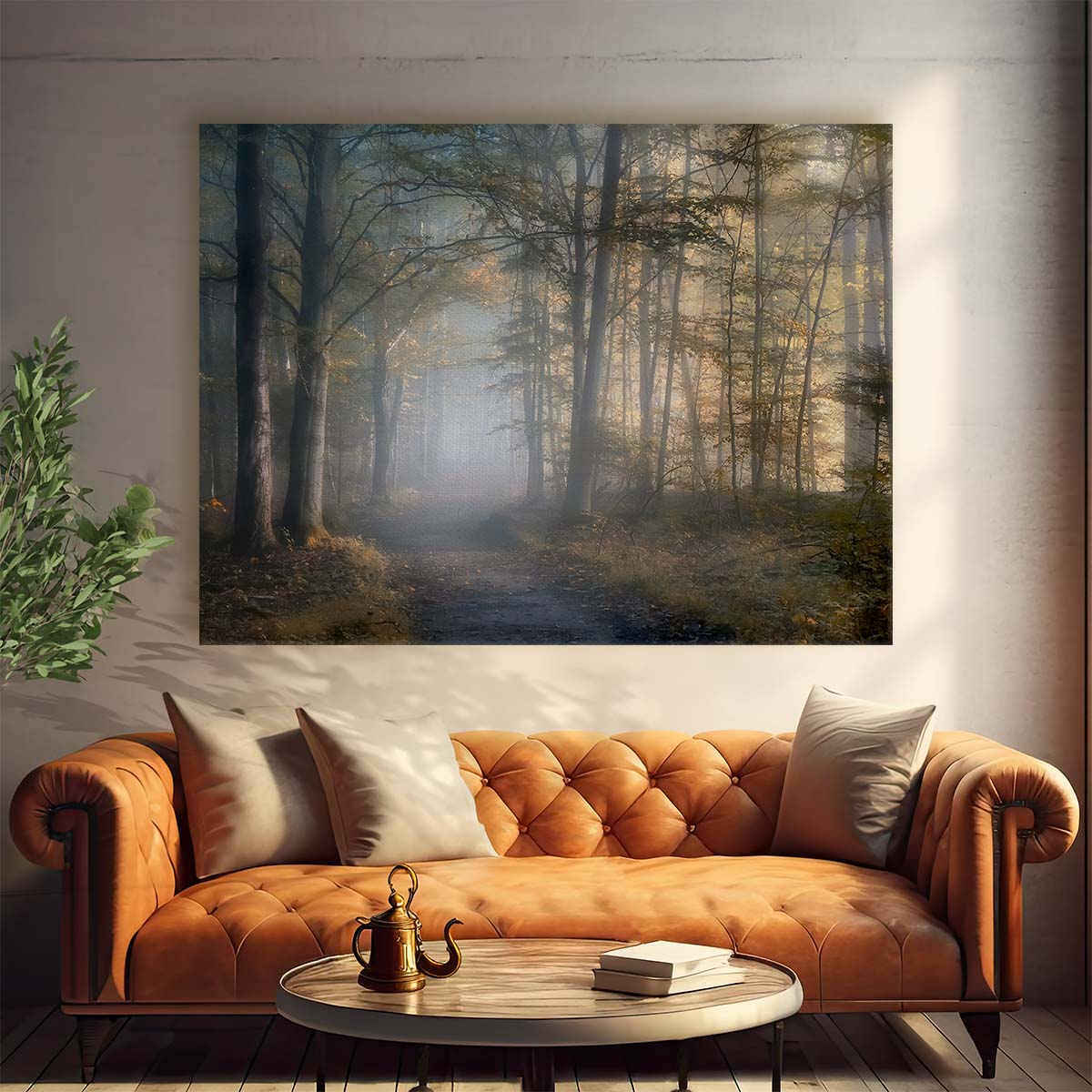 Autumnal Haze Foggy Forest Trail Panoramic Wall Art by Luxuriance Designs. Made in USA.