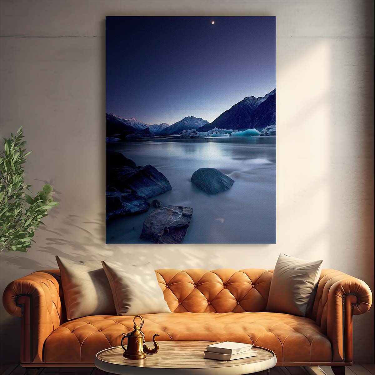 Blue Moonlit New Zealand Seascape Photography Serene Mountain and River Landscape by Luxuriance Designs, made in USA