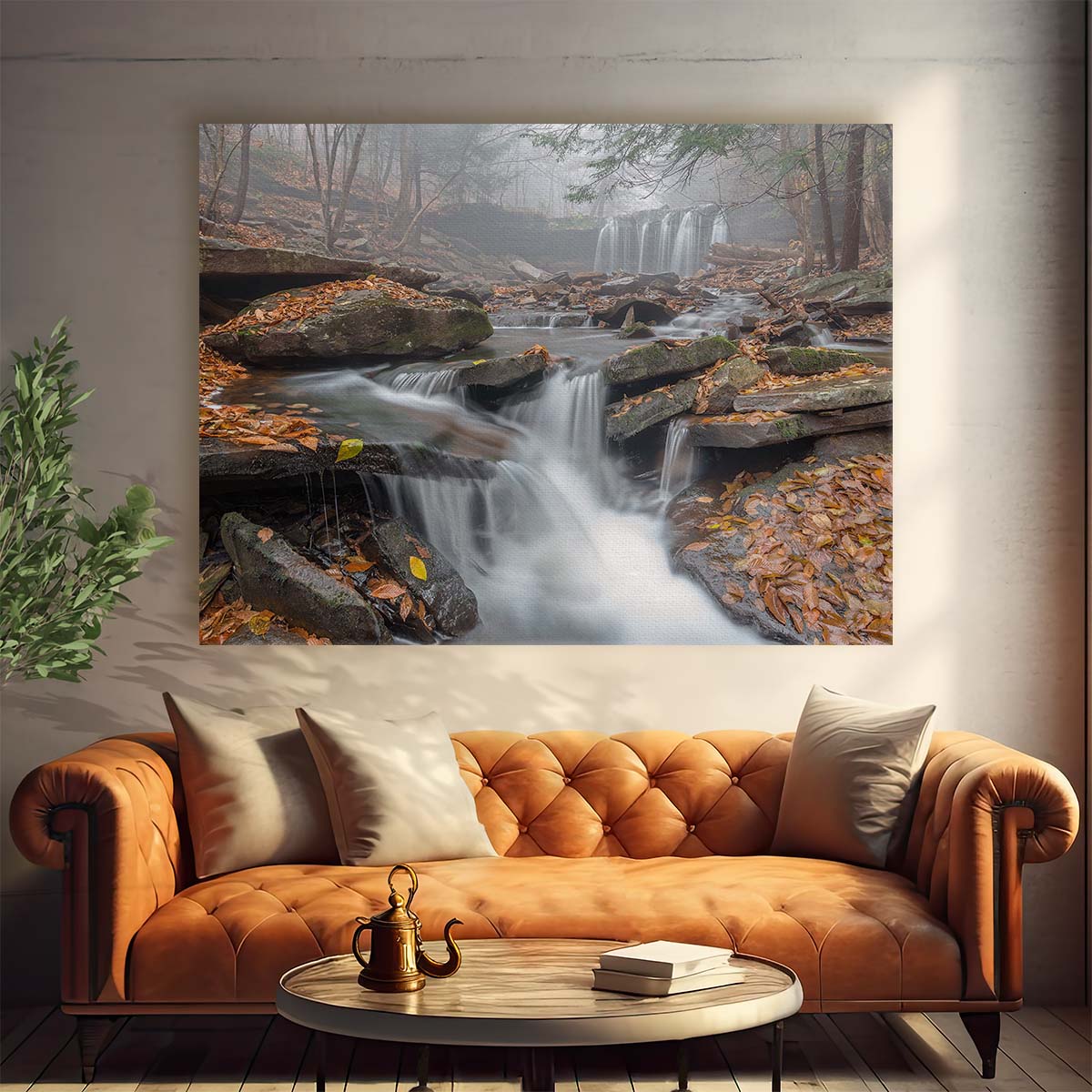 Autumn Morning Mist Waterfall in Ricketts Glen Wall Art by Luxuriance Designs. Made in USA.