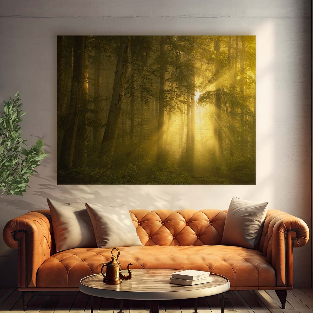 Sunrise Misty Forest Rays Landscape Wall Art by Luxuriance Designs. Made in USA.