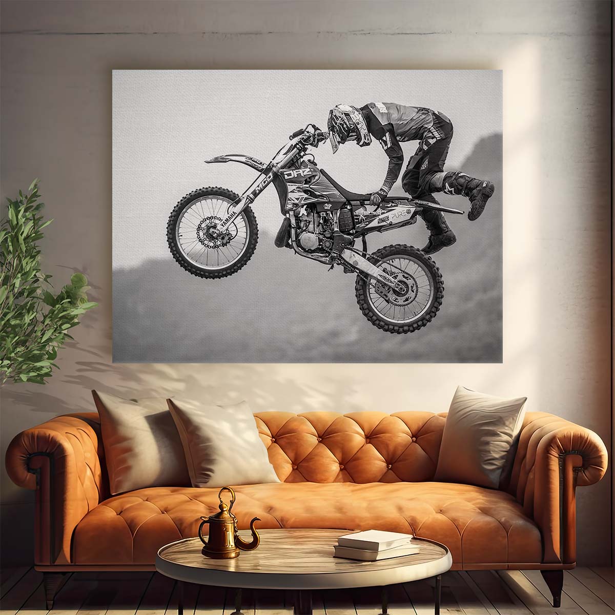 Motocross Stunt Leap Black and White Photography - Action Art Wall Art