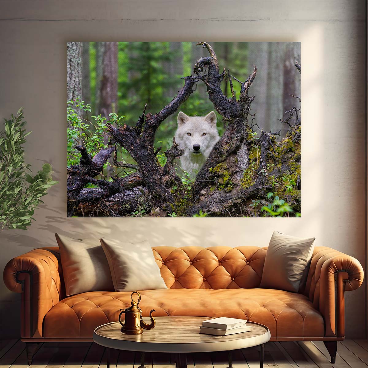 Enigmatic White Wolf in Forest Landscape Wall Art by Luxuriance Designs. Made in USA.