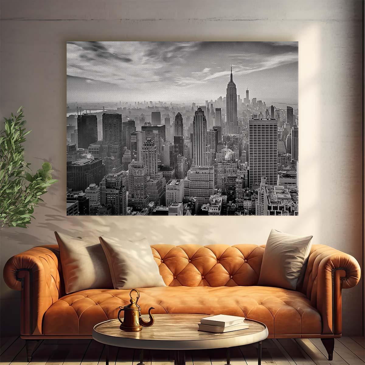 NYC Foggy Skyline Monochrome Cityscape Wall Art by Luxuriance Designs. Made in USA.