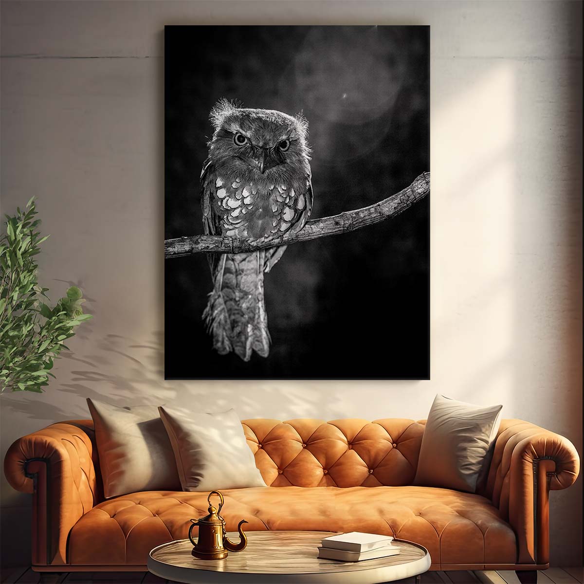 Monochrome Night Owl Photography Cute Baby Wildlife on Branch by Luxuriance Designs, made in USA