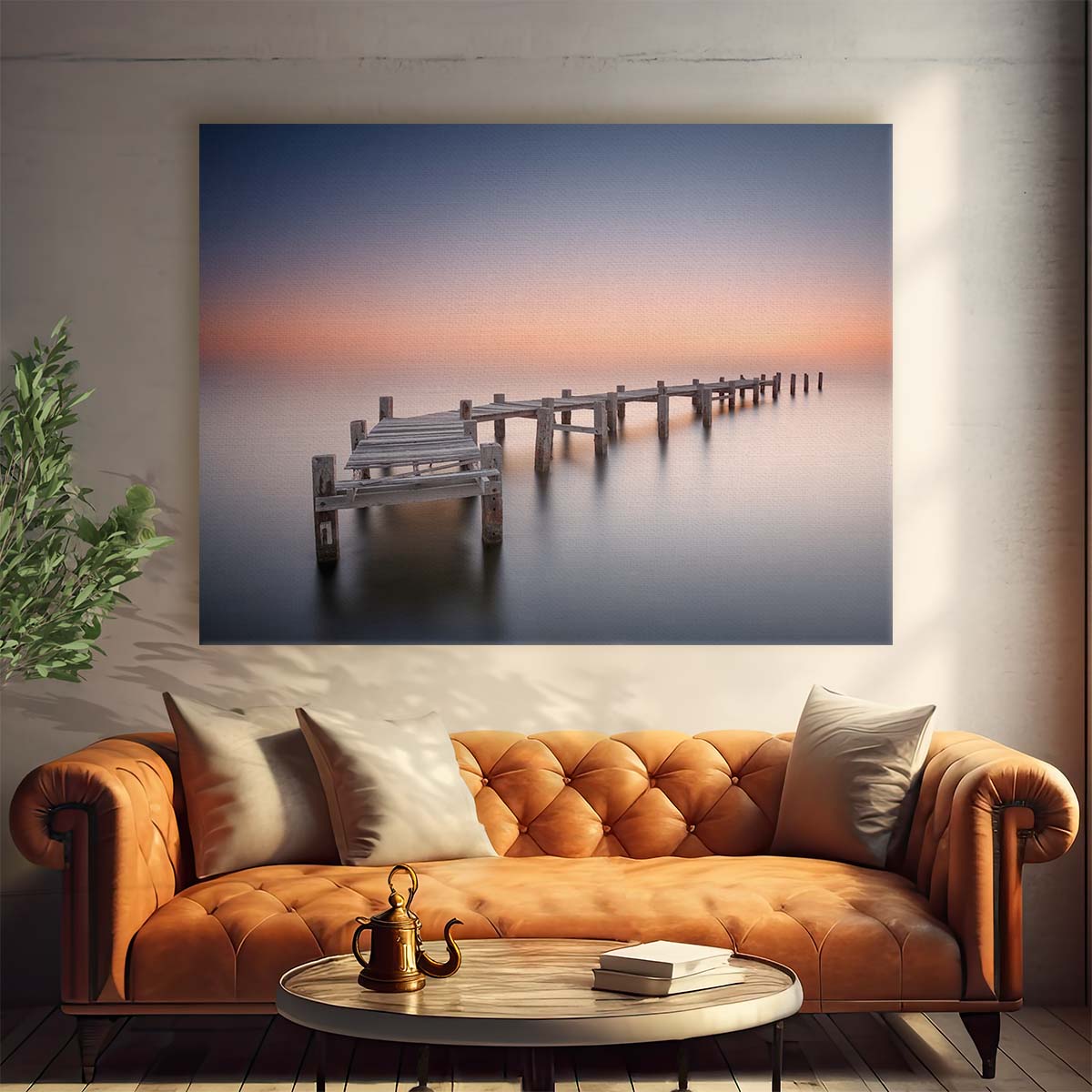 Serene Sunset Seascape Old Wooden Pier Wall Art by Luxuriance Designs. Made in USA.
