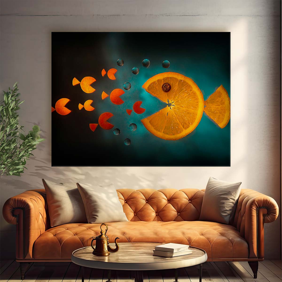 Whimsical Italian Orange Fish & Fruit Still Life Wall Art by Luxuriance Designs. Made in USA.