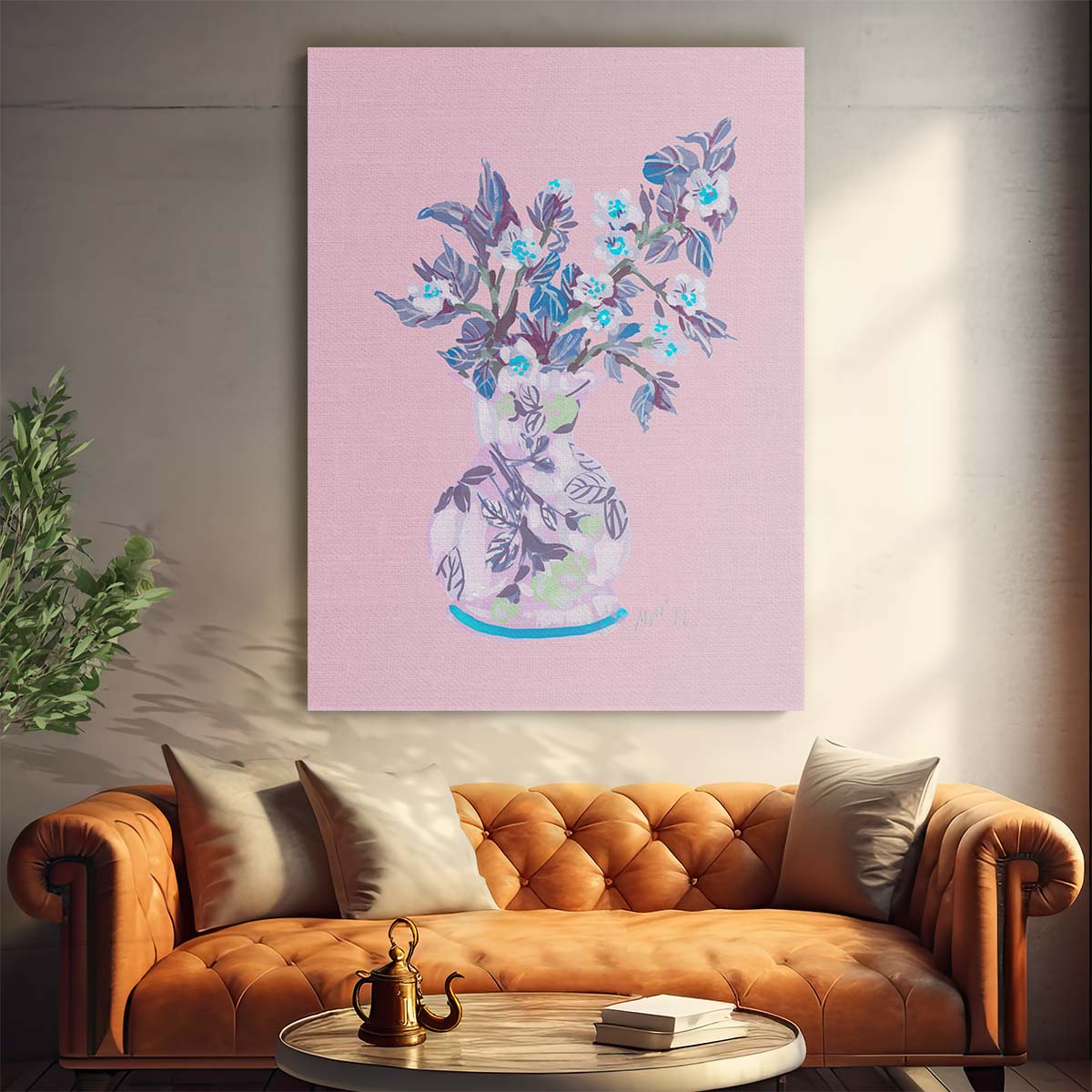 Bright Pink Apple Blossom Botanical Illustration in Neon Blue Vase by Luxuriance Designs, made in USA