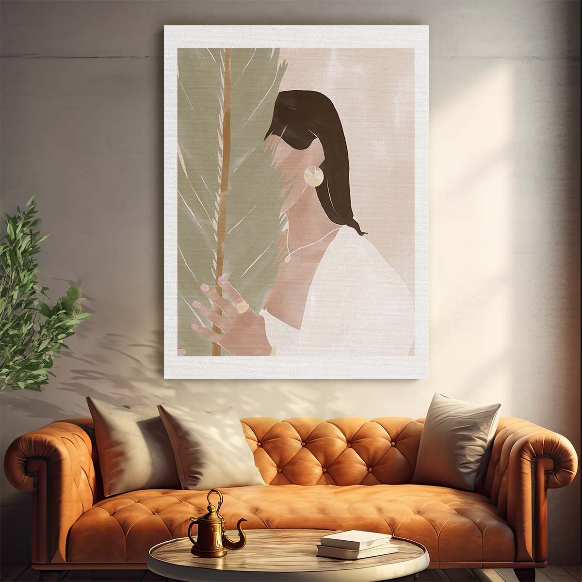 Botanical Boho Girl Portrait, Brunette with Plant Illustration Artwork by Luxuriance Designs, made in USA