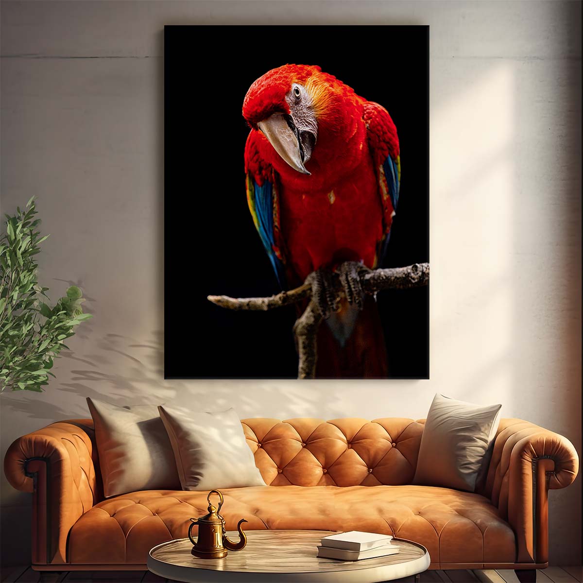 Colorful Scarlet Macaw Parrot Photography Wall Art, Dark Background by Luxuriance Designs, made in USA