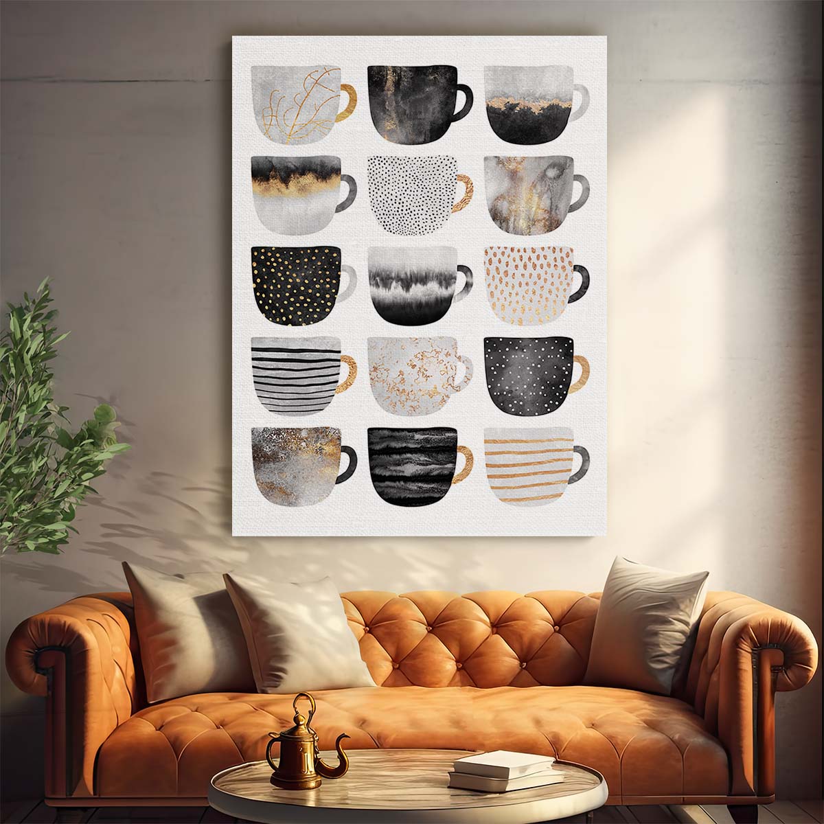Golden Coffee Cups Illustration, Bright Kitchen Wall Art by Luxuriance Designs, made in USA