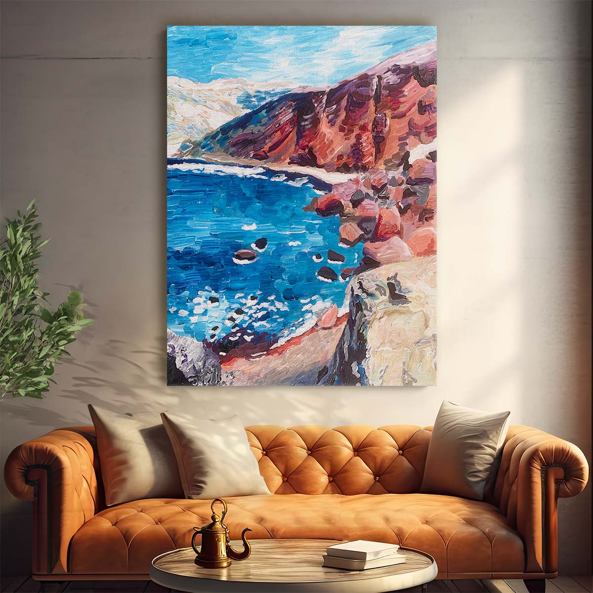 Santorini Red Sand Beach Acrylic Illustration Artwork, Greece Coastal Landscape by Luxuriance Designs, made in USA