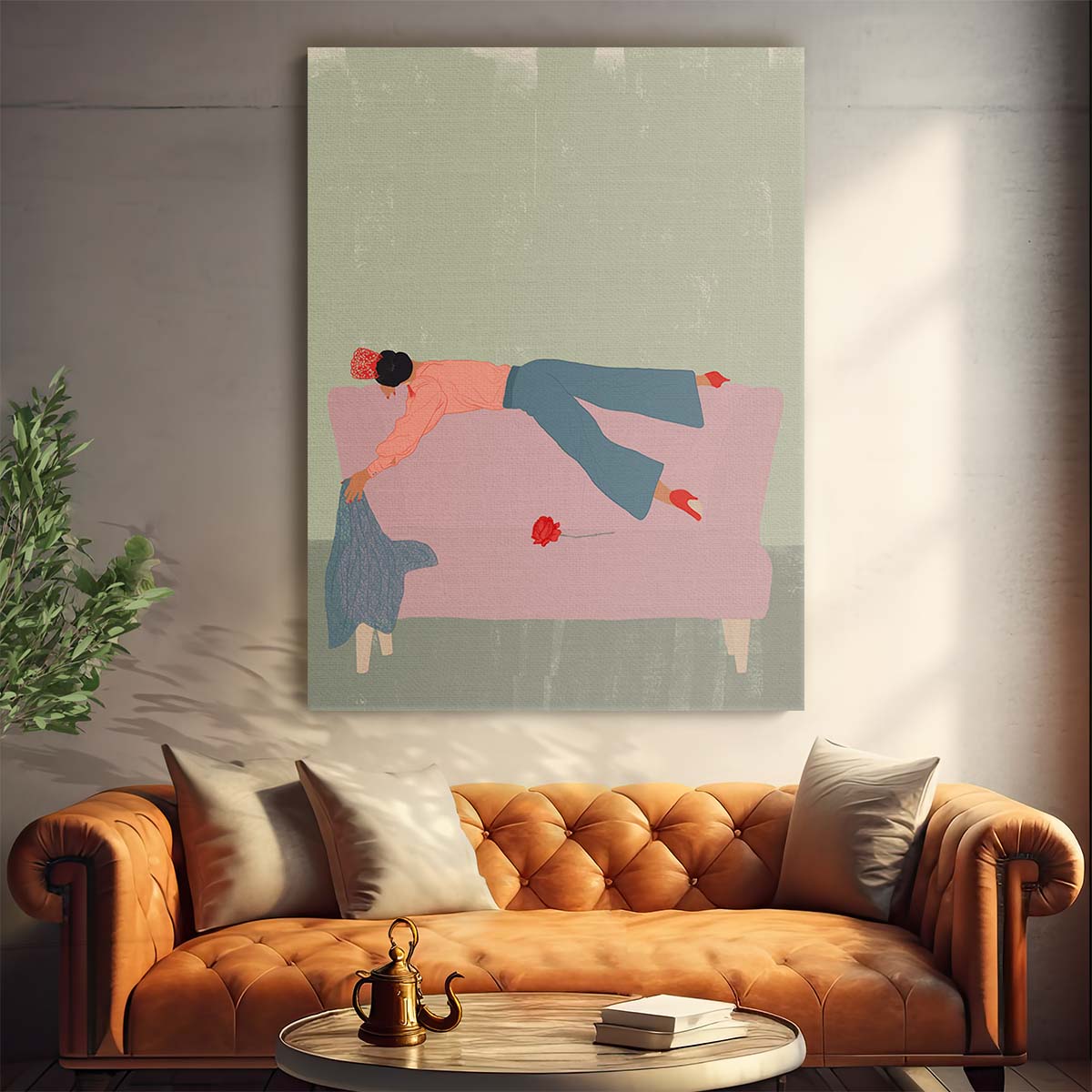 Mid-Century Floral Woman Illustration, Sofa & High Heels Art by Luxuriance Designs, made in USA