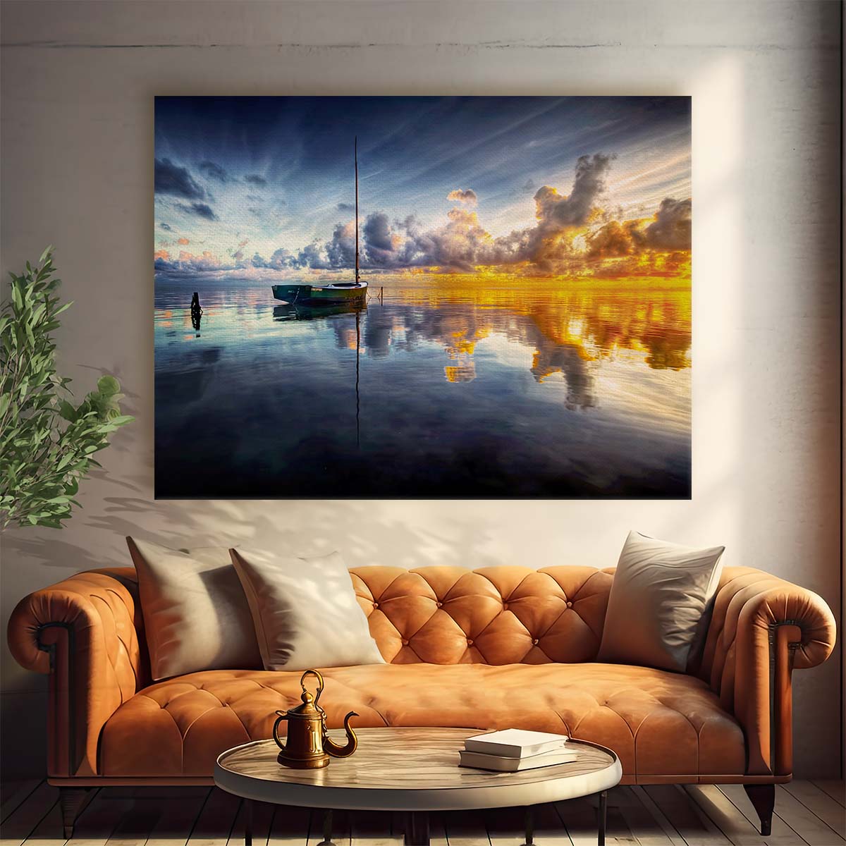 Golden Sunrise Sailboat Reflection Kaneohe Bay Wall Art by Luxuriance Designs. Made in USA.