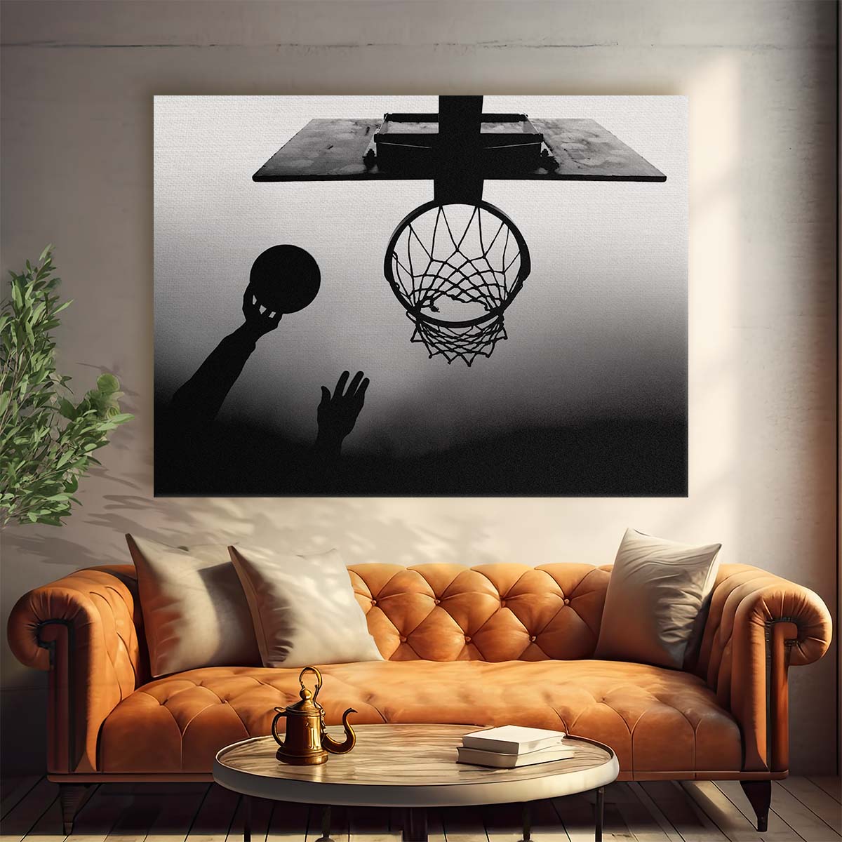 Dynamic Basketball Dunk Minimalist Black & White Wall Art by Luxuriance Designs. Made in USA.